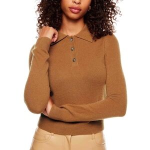 Aritzia Wilfred Cashmere Florence Polo Sweater Tan Brown LiteLuxe Cashmere Sz S